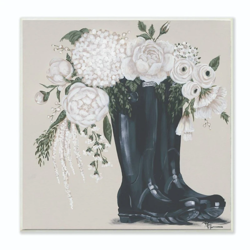 Stupell Industries White Flowers in Black Boots Wooden Wall Plaque