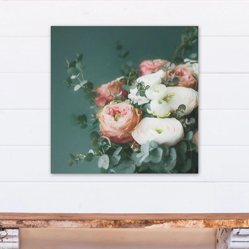 Emerald and Pink Eucalyptus Bouquet  24" x 24" Canvas Wall Art