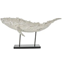 32" Cream Polystone Whale Sculpture with Brown Distressing & Black Metal Stand