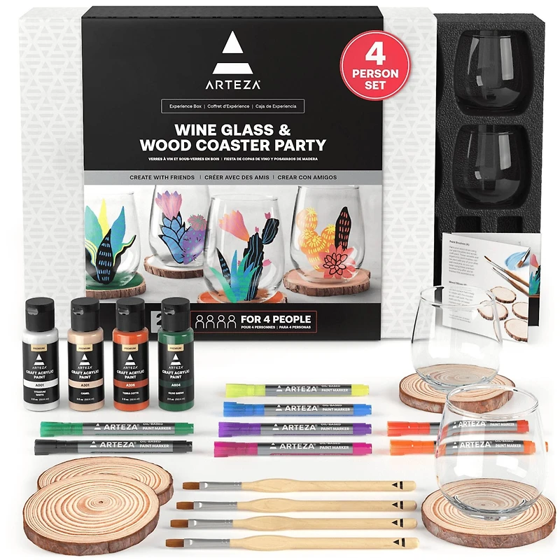 Arteza Experience Box 25 Piece Wine Glass & Wood Coaster Party Kit
