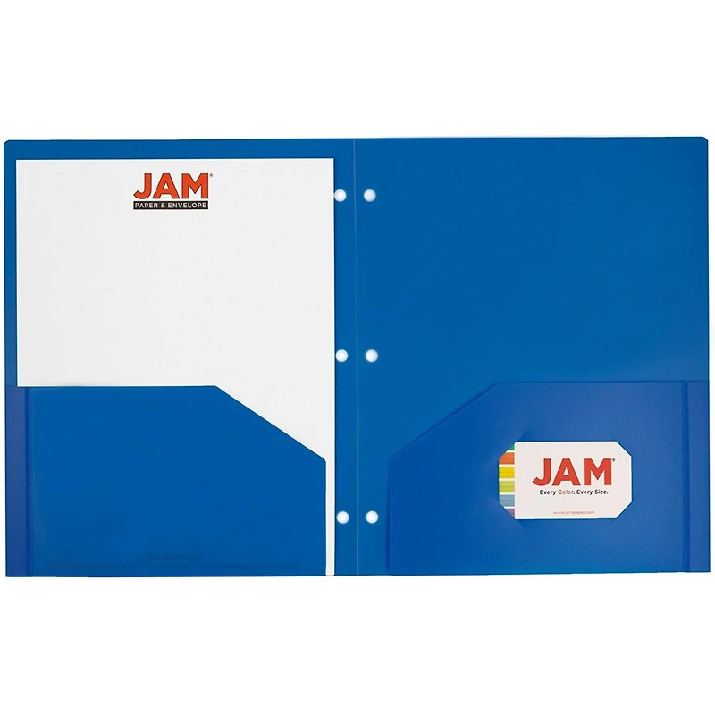 JAM Paper Primary Color Heavy Duty Plastic 3-Hole School Folders with Pockets, 6ct.
