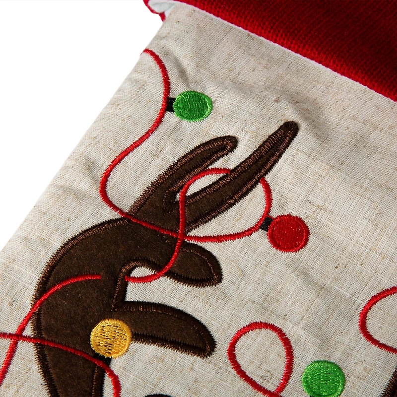 Glitzhome® 21" LED Embroidered Reindeer Linen Christmas Stocking