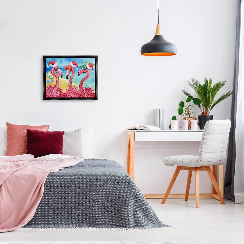 Stupell Industries Holiday Lights Flamingos Beach Framed Floater Canvas Wall Art