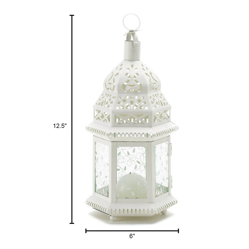 12" White Moroccan Style Hanging Candle Lantern with Etched Floral Glass