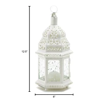 12" White Moroccan Style Hanging Candle Lantern with Etched Floral Glass