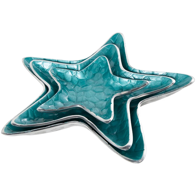 Blue Handmade Enameled Textured Aluminum Starfish Decorative Bowls Set