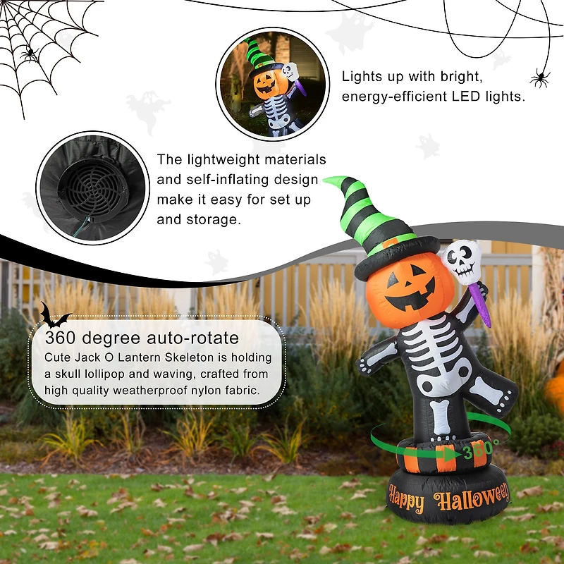 Glitzhome® 6ft. Lighted Halloween Jack-O'-Lantern Skeleton Rotating Inflatable Décor