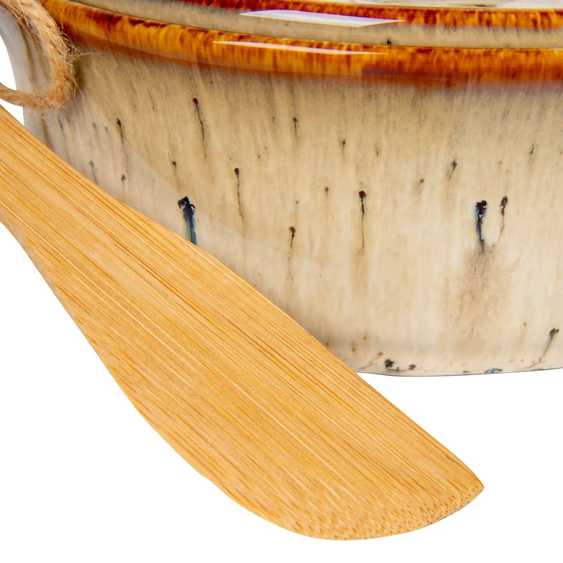 Hello Honey® 9.1" Reactive Glaze Design Stoneware Brie Baker with Bamboo Canapé Spreader Knife