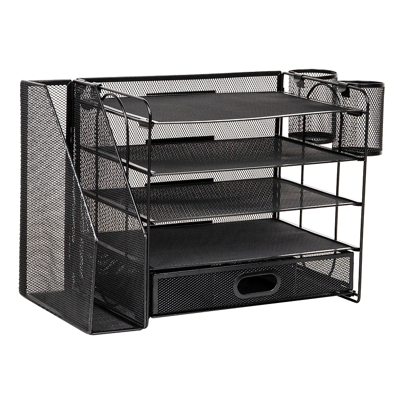 Mind Reader Mesh Desk Organizer, 4 Trays, 1 Drawer, File Holder, 2 Pen Cups, Office Desktop Organizer, Metal Mesh, Black