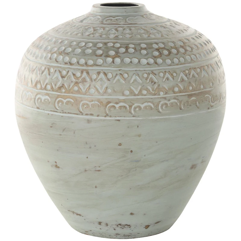 11.75" Green Antique-Style Wide Rounded Ceramic Vase with Geometric Carvings