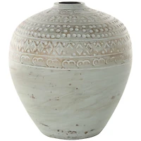 11.75" Green Antique-Style Wide Rounded Ceramic Vase with Geometric Carvings