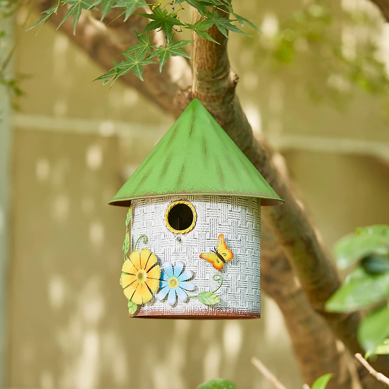 Glitzhome® 11" Distressed Metal Birdhouse with 3D Flowers & Butterfly