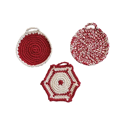 Hello Honey® 8" Red & White Crocheted Cotton Pot Holder Set