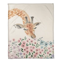 50" x 60" Giraffe Smelling Flowers Coral Fleece Blanket