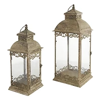 Brown Distressed Metal Candle Lantern Set