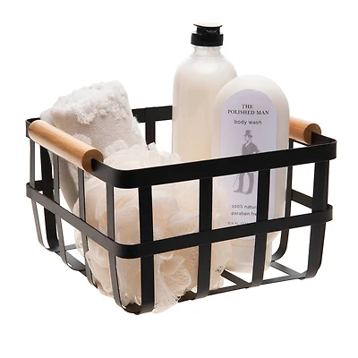 Simplify Small Square Black Metal Basket with Bamboo Handles