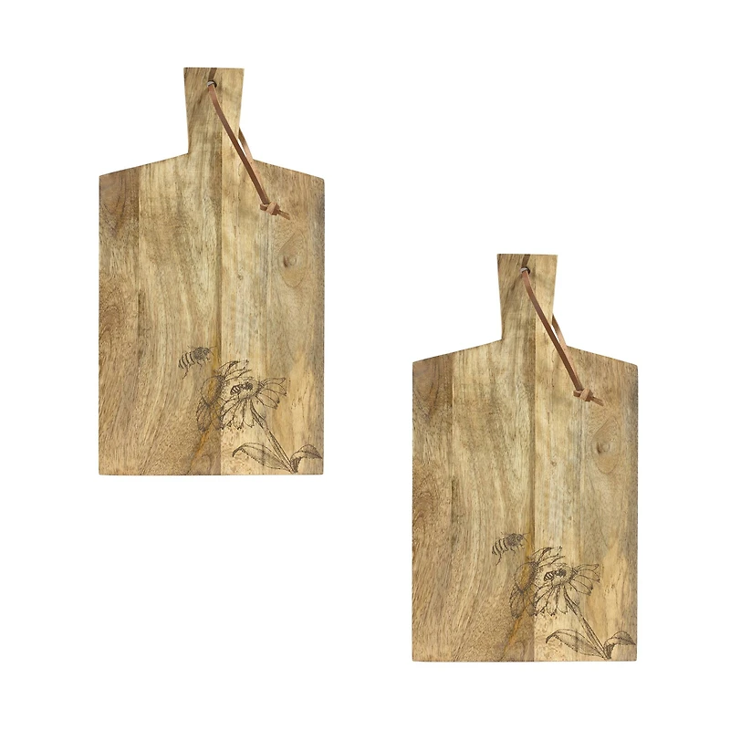 10*' Natural Mango Wood Cutting Board Set with Etched Floral & Bee Designs, 2ct.