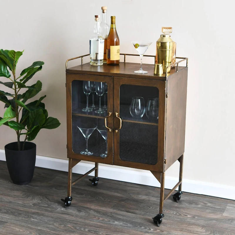Hello Honey® Gold Metal Cabinet with Locking Caster Wheels & Glass Doors