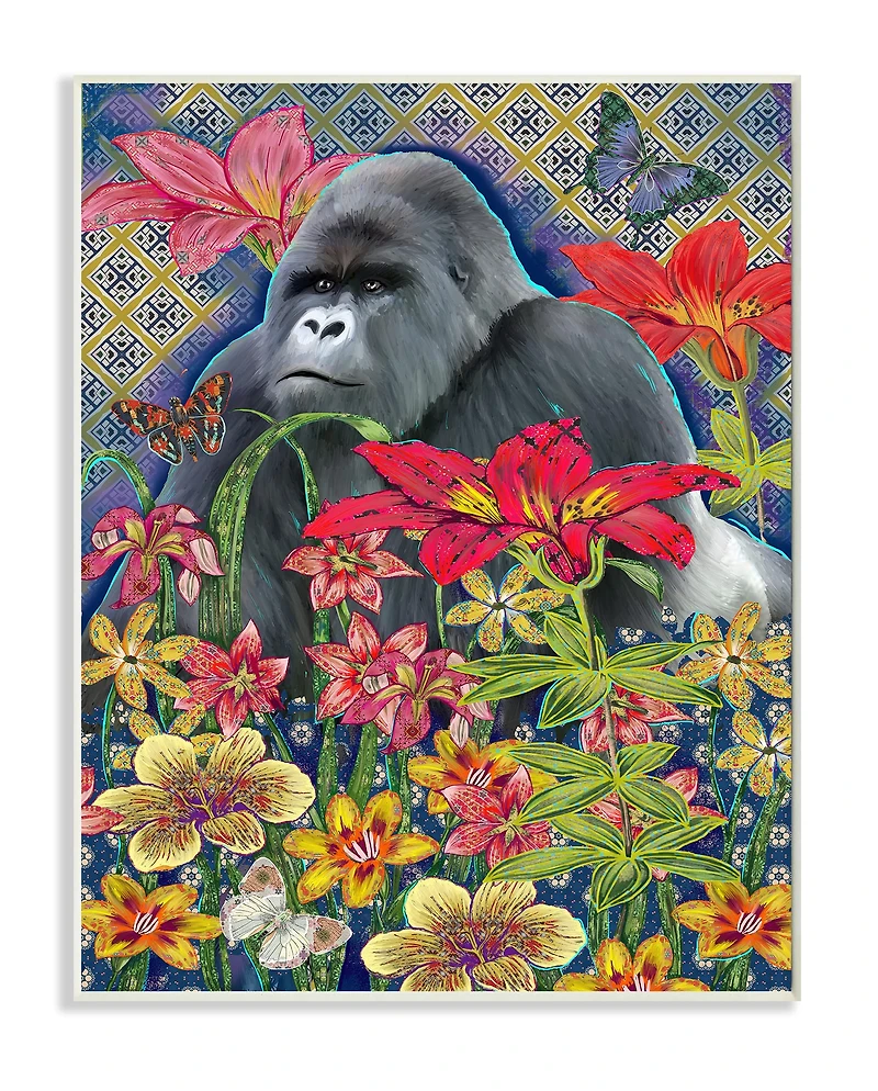 Stupell Industries Gorilla Standing Behind Tropical Florals Geometric Pattern Wall Plaque