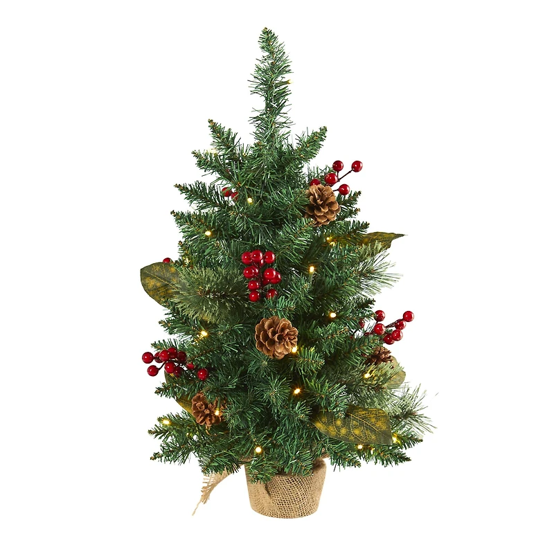 2ft. Pre-Lit Pine Artificial Potted Christmas Tree with Pinecone & Berries, Clear LED Lights