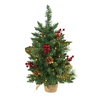 2ft. Pre-Lit Pine Artificial Potted Christmas Tree with Pinecone & Berries, Clear LED Lights