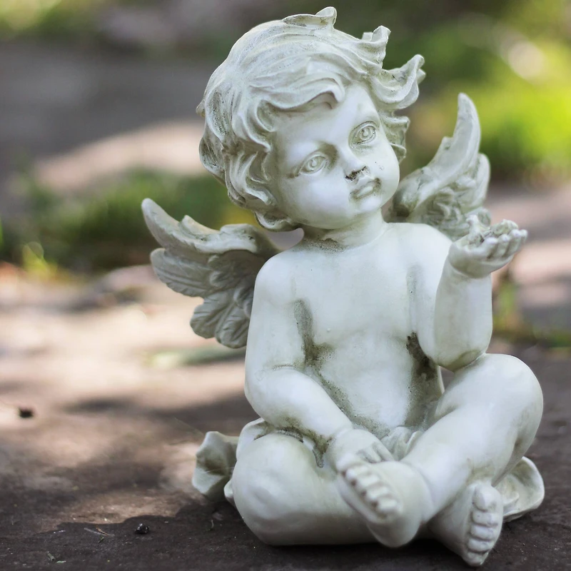 7.8" Cherub Angel with Baby Bird Outdoor Garden Statue