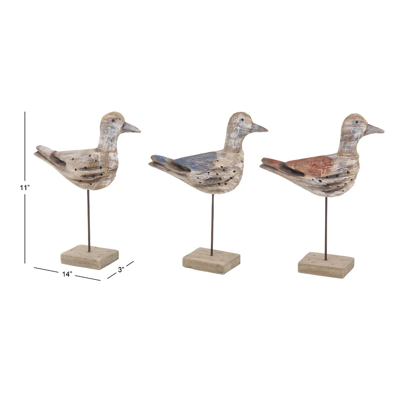 Set of 3 Brown Wood Coastal Bird Sculpture, 11" x 14"