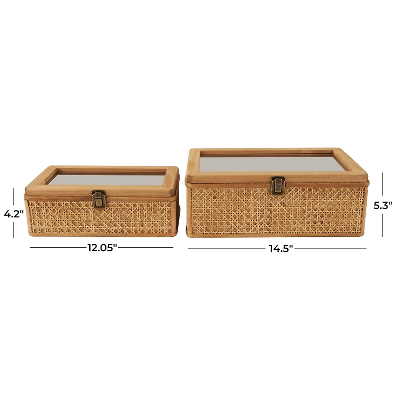 Brown Woven Rattan Box with Glass Top Set