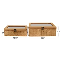 Brown Woven Rattan Box with Glass Top Set