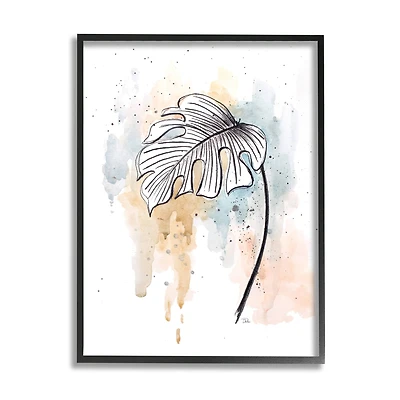 Stupell Industries Monstera Plant Stem Blue Brown Splatter Watercolor in Frame Wall Art