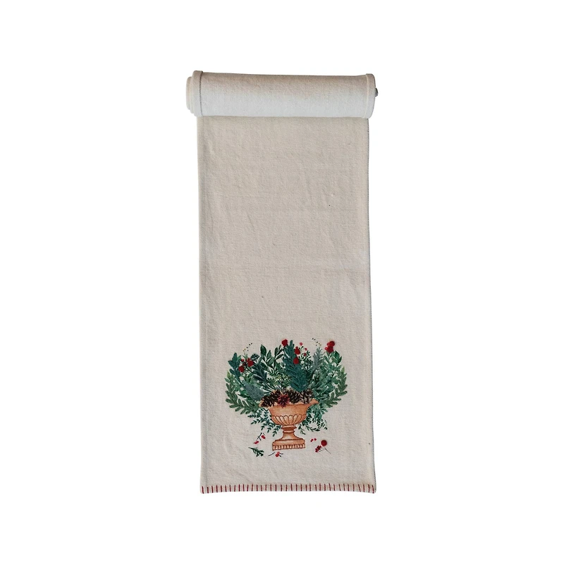 Hello Honey® 72" Hand-Embroidered Flowers in Urn Cotton Canvas Table Runner with Blanket-Stitch Edge