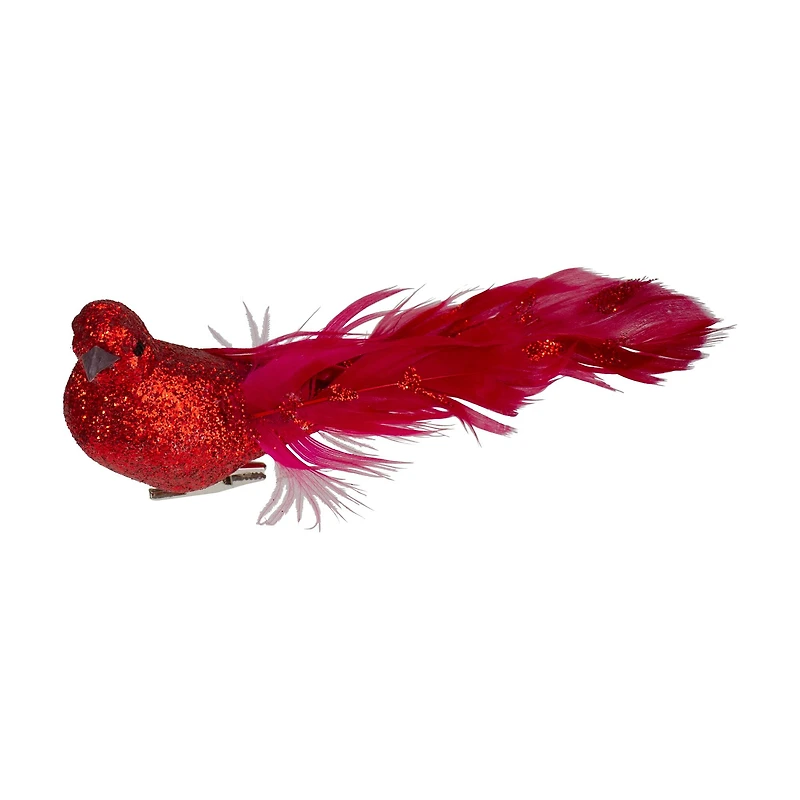 Glittered Bird With Feather Tail Christmas Clip On Ornament - 7" - Red