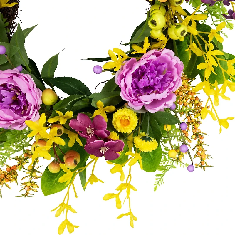 24" Yellow & Purple Peonies & Forsythia Spring Wreath