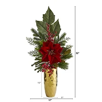 32" Poinsettia, Berries, Pine & Pinecone Arrangement in Gold Vase