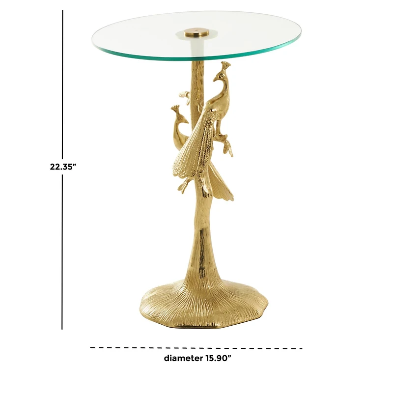 22.25" Gold Aluminum Peacock Textured Accent Table with Glass Tabletop