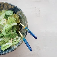 Hello Honey 2-Piece Stainless Steel Salad Servers with Marbled Resin Handles, Gold Finish and Blue