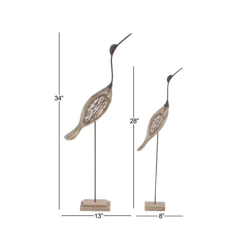 Set of 2 Brown Wood Coastal Bird Sculpture, 28", 34"