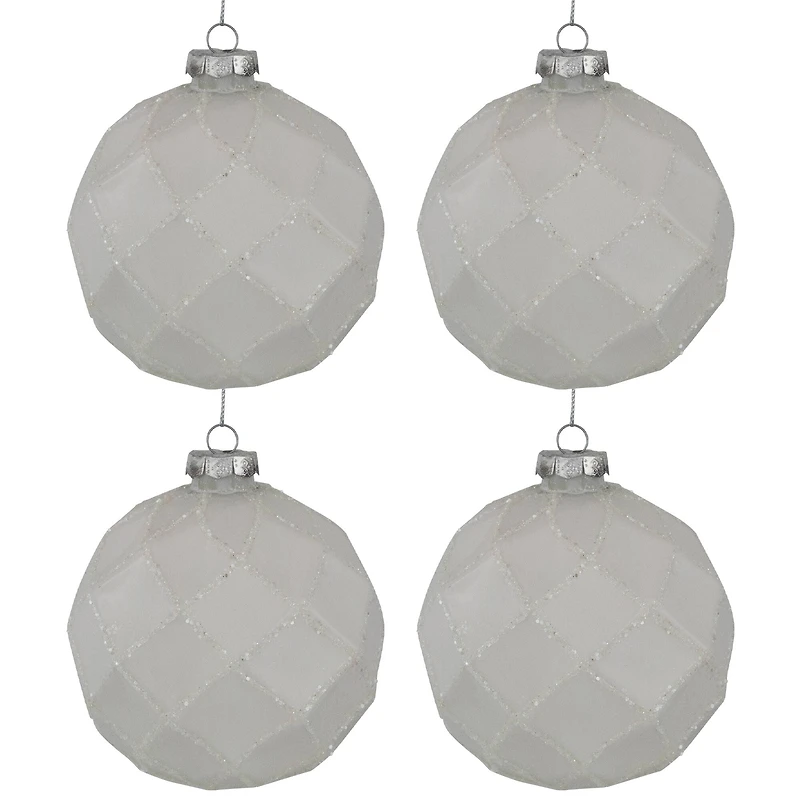 Glittered Christmas Glass Ball Ornaments - 3.75" (95mm) - White - 4ct