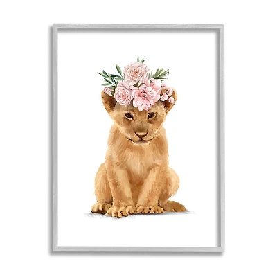 Stupell Industries Boho Rose Floral Crown Lion Cub Safari Animal in Frame Wall Art