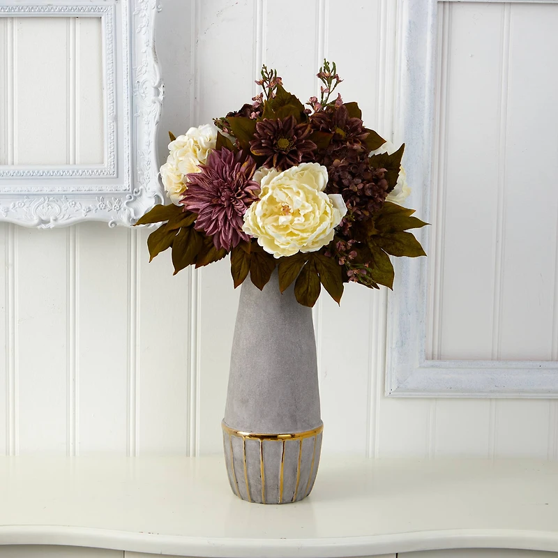 24" Peony, Hydrangea & Dahlia Arrangement in Stoneware Vase