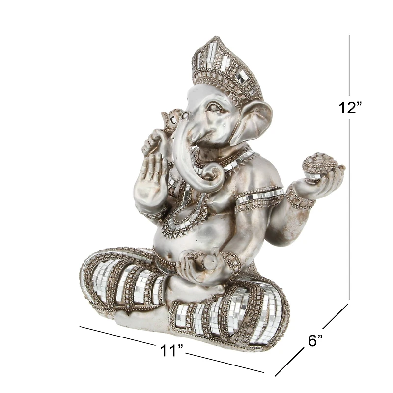 12" Silver Polystone Ganesh Meditating Sculpture