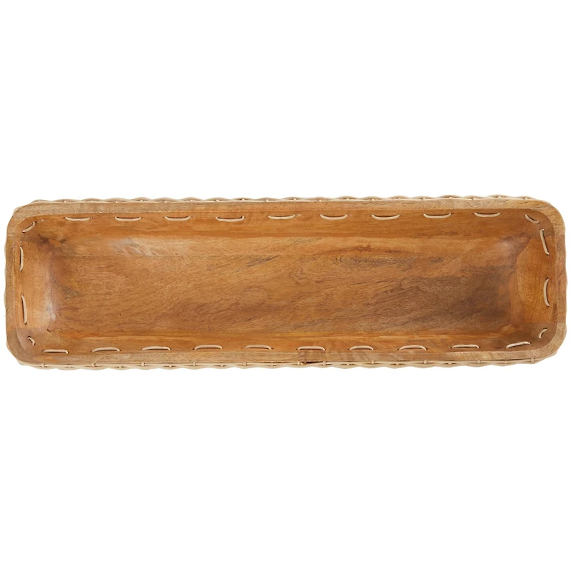 24.5" Brown Handmade Wooden Tray with Woven Seagrass Accent