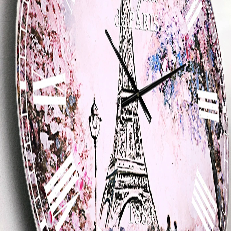 Designart 'Eiffel With Pink Flowers French Country Wall Clock