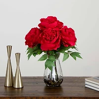 16" Red Peony Arrangement in Glass Vase