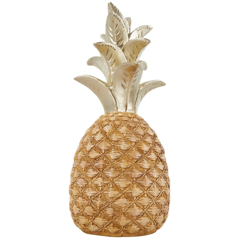 13" Gold Textured Pineapple Fruit Sculpture with Carved Top