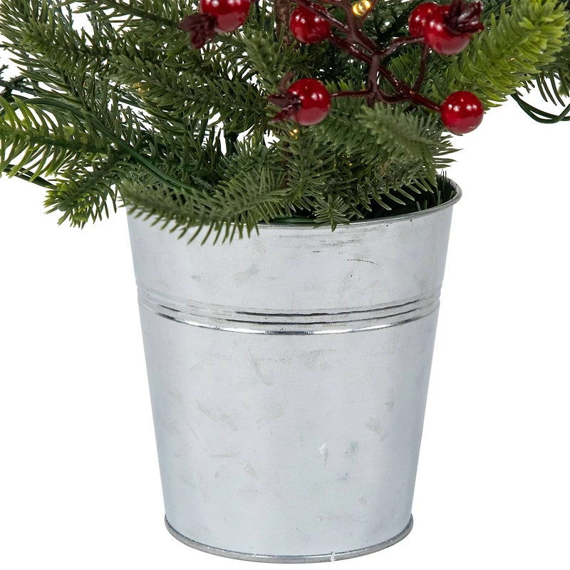 2ft. Pre-Lit Potted Mixed Pine, Berry & Cardinals Christmas Tree, Warm White LED Lights