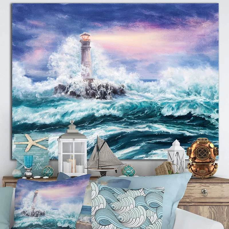 Designart - Lighthouse Wild Blue Ocean Waves