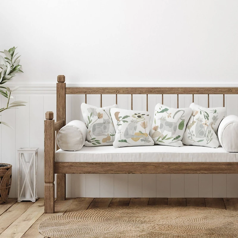 Stupell Industries Casual Grey Spotted Cats Varied Botanical Sprigs 4 Pillow Set, 18" x 18"