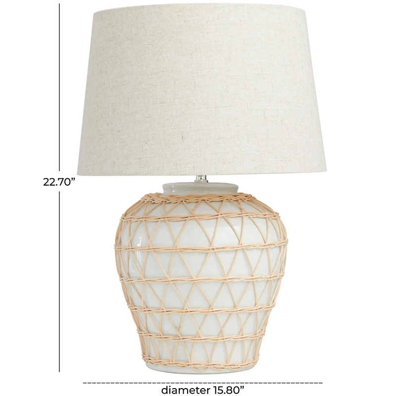 White Ceramic Woven Rattan Table Lamp with Linen Shade