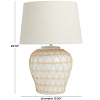 White Ceramic Woven Rattan Table Lamp with Linen Shade